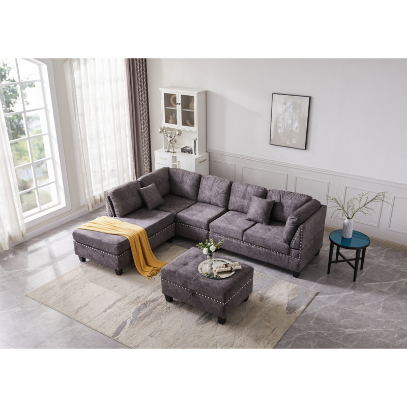 Canapé moderne à 3 places avec méridienne réversible, repose-pieds de rangement, incrusté de clous en cuivre, 2 petits coussins Modern