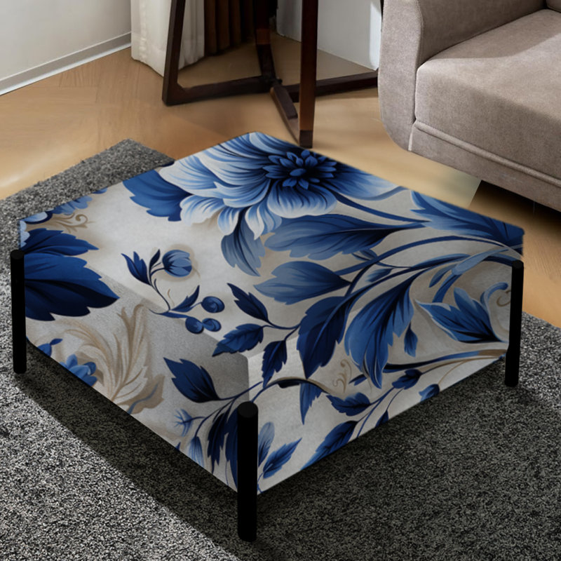 Grand repose-pieds carré cobalt bleu à motif victorien à feuilles d'acanthe I