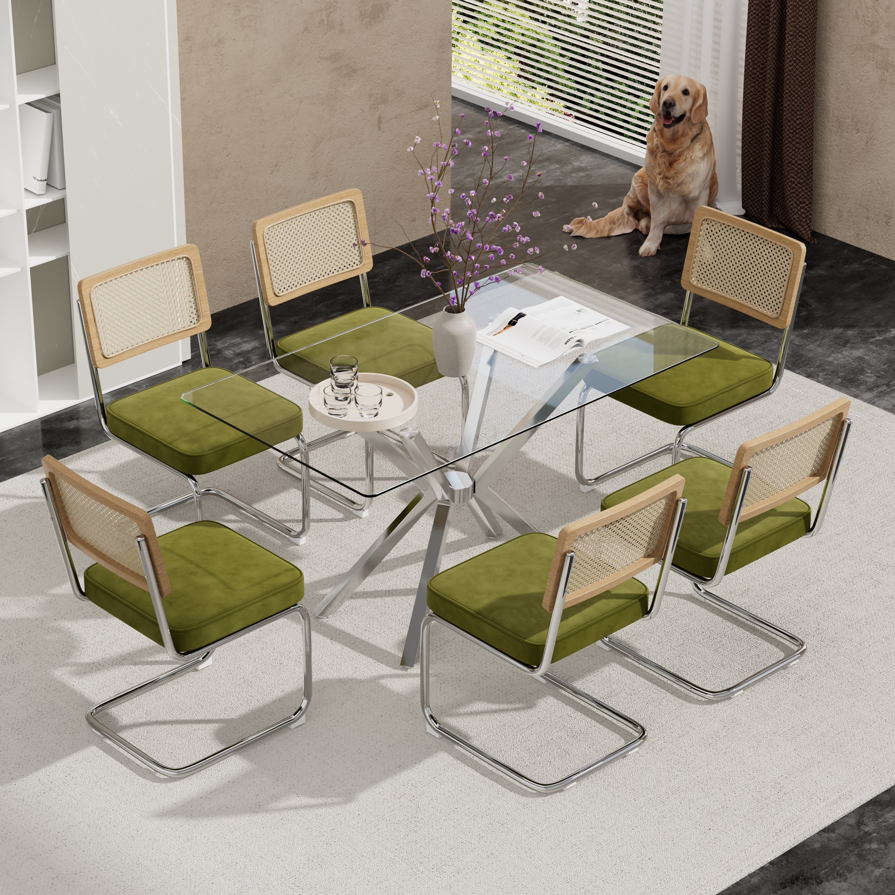 Brayden Studio® Rectangular Tempered Glass Dining Table Set With Velvet ...