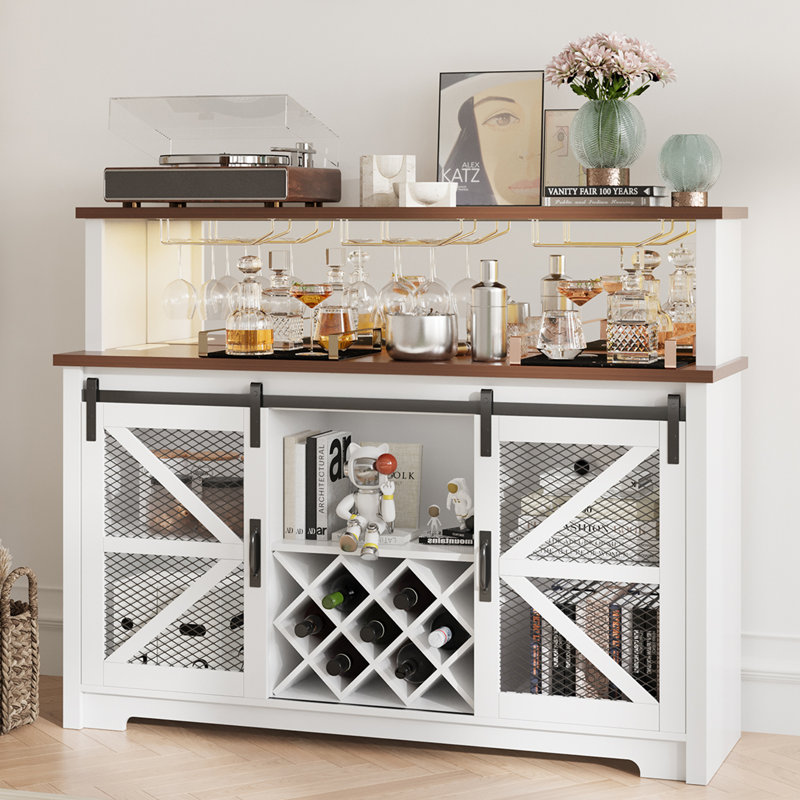 55" Wine Bar Cabinet With Sliding Barn Door, LED Lights & Wine Rack - Coffee Bar Cabinet For Dining Room, Living Room, Kitchen Buffet -