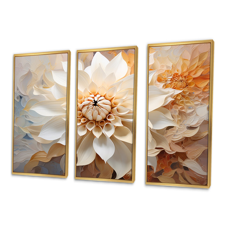 «White Dahlia Flower Minimalisme» - ensemble d'art mural sur toile Dahlia, Cadre flottant doré, H 32 po x l 48 po x P 1 po