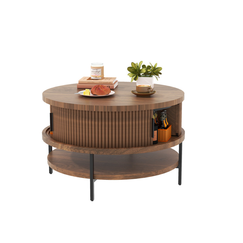Table basse 31,5 po ronde avec plateau rabattable avec rangement, pièce maîtresse de style pour le salon, portes coulissantes et compartiment caché, 360 animaux de compagnie sécuritaires, structure en métal stable, grain de bois rustique, assemblage rapide de 31,5 po