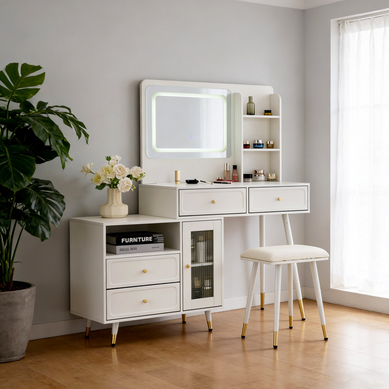 Modern Makeup Vanity Desk Set With Mirror And Lights, Retractable Dressing Table With Drawers, Cabinet, Power Outlet, White