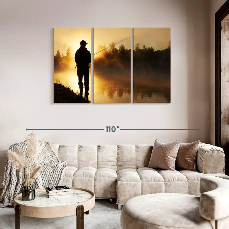 «Foggy Riverbank Fishing», 3 pièces sur toile, H 48 po x l 74 po x P 1,25 po