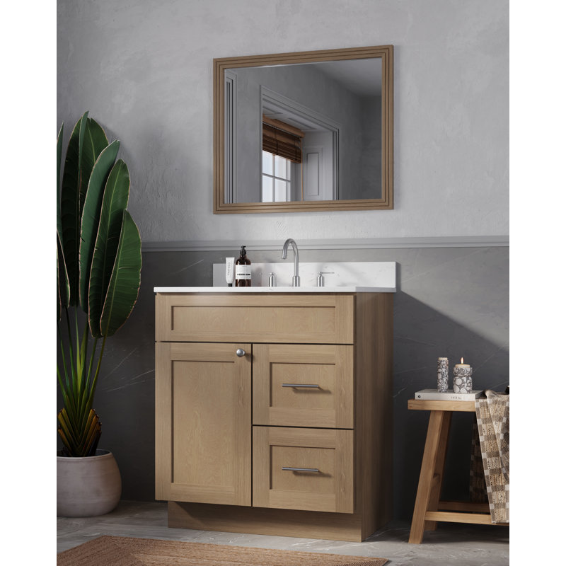 Chrisna D S R 30'' Single Bathroom Vanity Shaker Style Quartz Top Right Drawer, Natural Oak