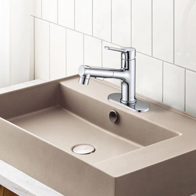 Pull Out Bathroom Basin Faucet, Single Handle, , 3 Function Spray Settings, Pop-Up Drain Stopper & Deck Plate, Stainless Steel Construction Finish, Modes,