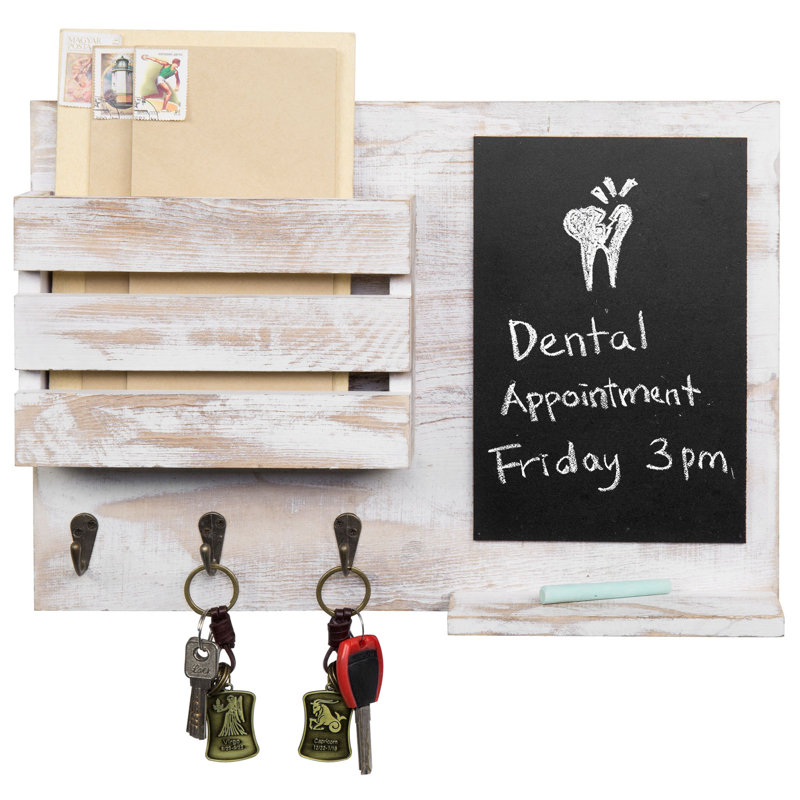 Wall Organiser With Key Hooks//Chalkboard/Mail Storage, Whitewashed