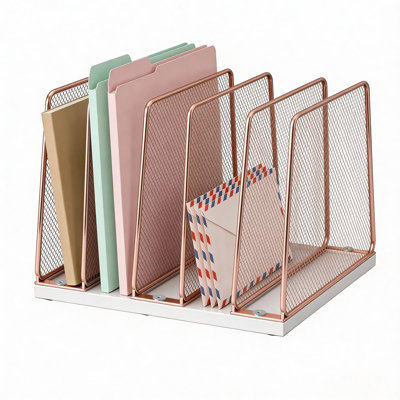 Rose Gold Desk File Organizer, 5-Section Upright File Sorter, Vertical File Folder Holder, Mesh Metal Wood Office Desk Organizer