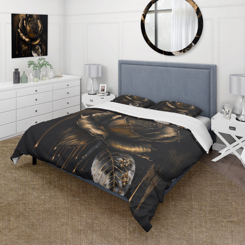 Black and Gold Rose III - Ensemble de housse de couette à motif floral rose - Microfibre de polyester
