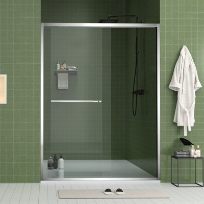 56 - 60" Adjustable Width Finished Sliding Glass Shower Enclosure With 8Mm & Tempered Glass, Double Handle Design, Safe And Worry Environment Hardware Door 5/16"  8Mm  Clear Mute Rollers, Chamfer