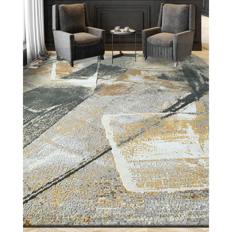 Abstract Area Rug in Gold/Dark Green/Gray/Ivory, Rectangle 9' x 12'