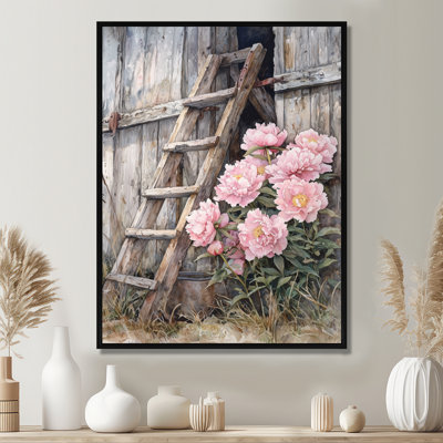 Dupera, pivoines par échelle de grange II - pivoines, art mural encadré