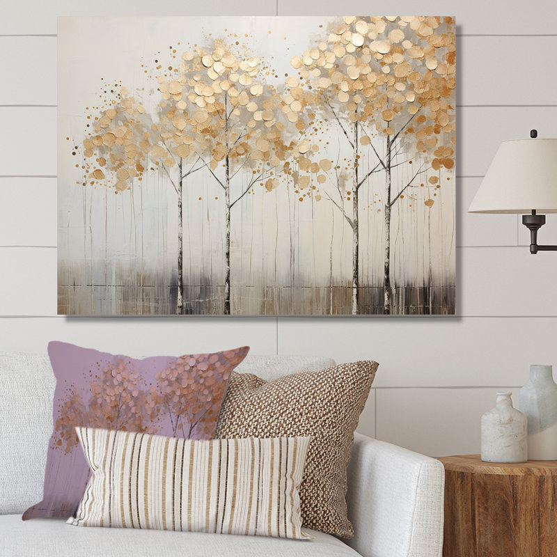 Minimalisme Golden Trees Tranquility - arbres, reproduction sur toile, 24" H x 32" W, Toile tendue