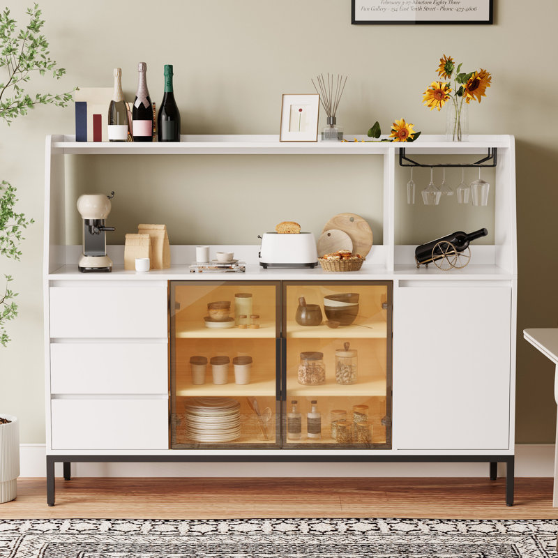 Buffet à grande capacité avec 3 tiroirs, porte en verre et porte-gobelet pour la vaisselle de cuisine