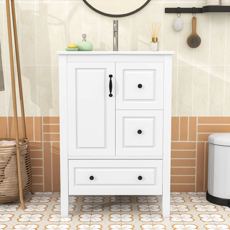 24-Inch Retro Freestanding Bathroom Vanity with Sink, White