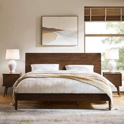 Boneva Mid-Century Modern built-in charging station Bedroom Set With Solid Wood Bed And Nighstands