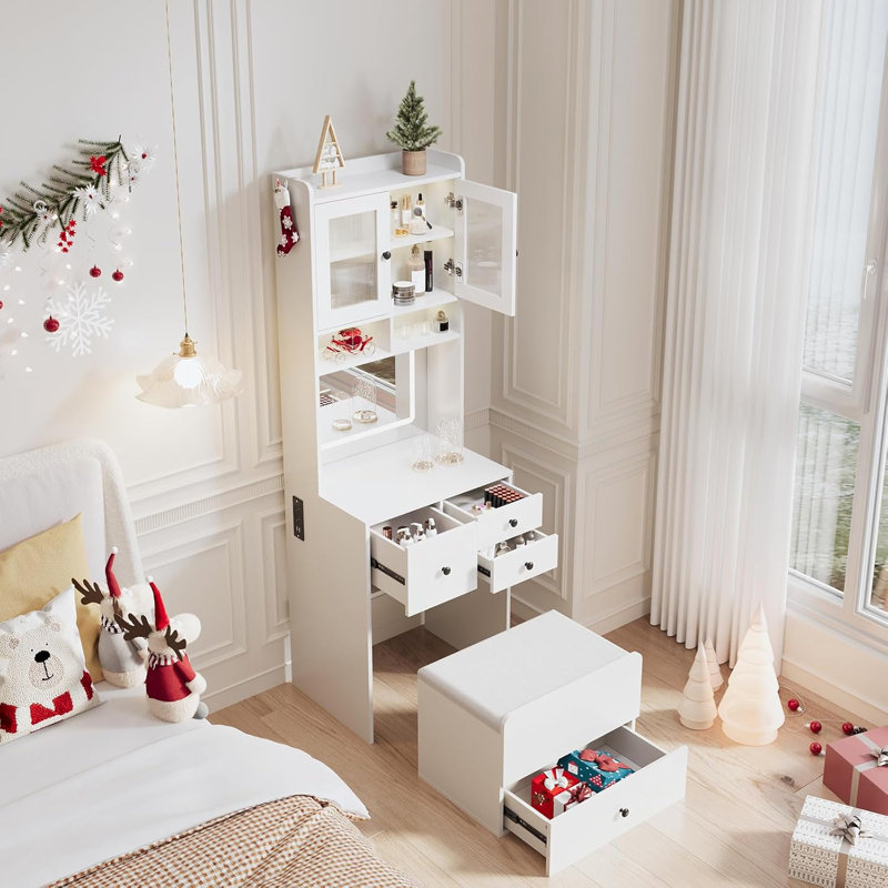 Vanity Desk with Mirror & Lights, Makeup Table with USB Ports & Storage for Bedroom, White