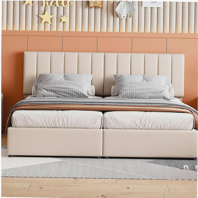 Lit plateforme à plateau-coussin amélioré avec système de rangement hydraulique, Beige