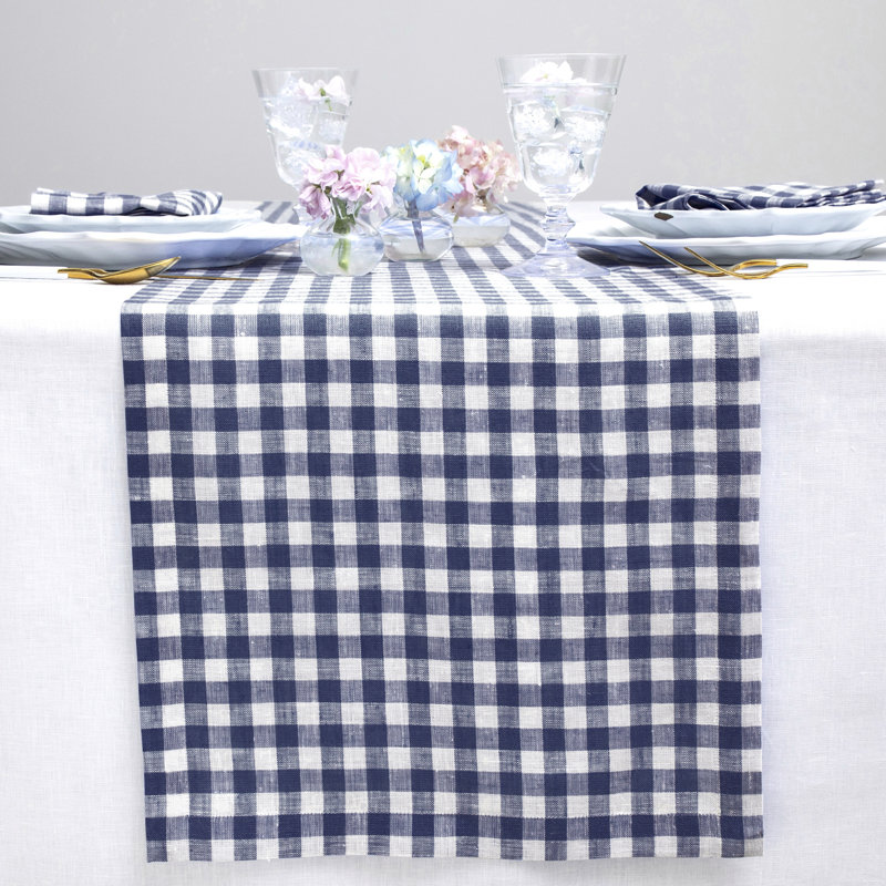 Gingham Checks - 100% Pure Linen Table Runner, 90" x 14", Navy