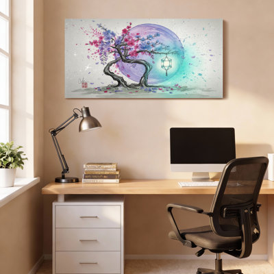 Cherry Blossom Tree With Lantern And Moon Canvas Wrapped Wall Art Oil Painting Print Set Of 1