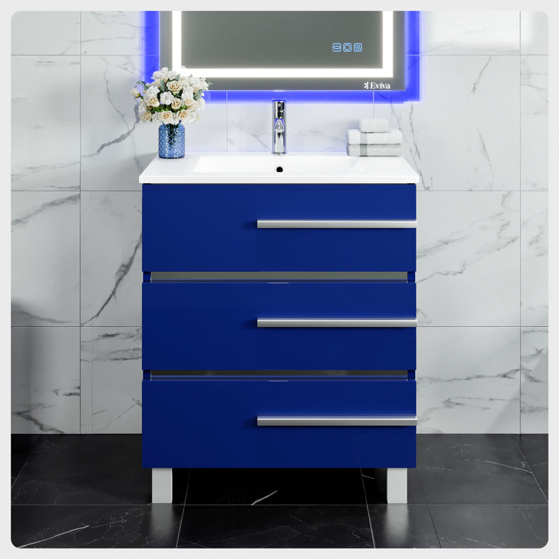 Marlaya 32'' Single Bathroom Vanity with Porcelain Top, Blue