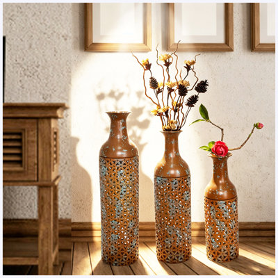 Ensemble de 3 vases de sol décoratifs en métal avec motif de feuilles brun rustique, grands vases pour la décoration de salon et de vestibule
