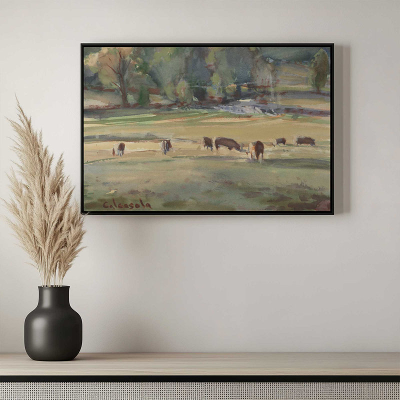 «Grazing Cows» par Stephen Calcasola, reproduction d'art sur toile, H 24 po x l 32 po, Brun
