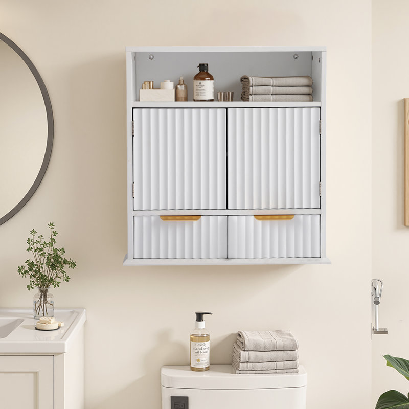 Armoire de salle de bain murale avec tablette réglable et tiroirs - Armoire de rangement moderne en MDF avec rayures verticales et poignées en métal