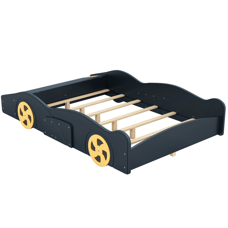Lit plateforme pleine grandeur en forme de voiture de course avec rangement - construction robuste bleu foncé pour une utilisation confortable dans une chambre en bois de pin bleu