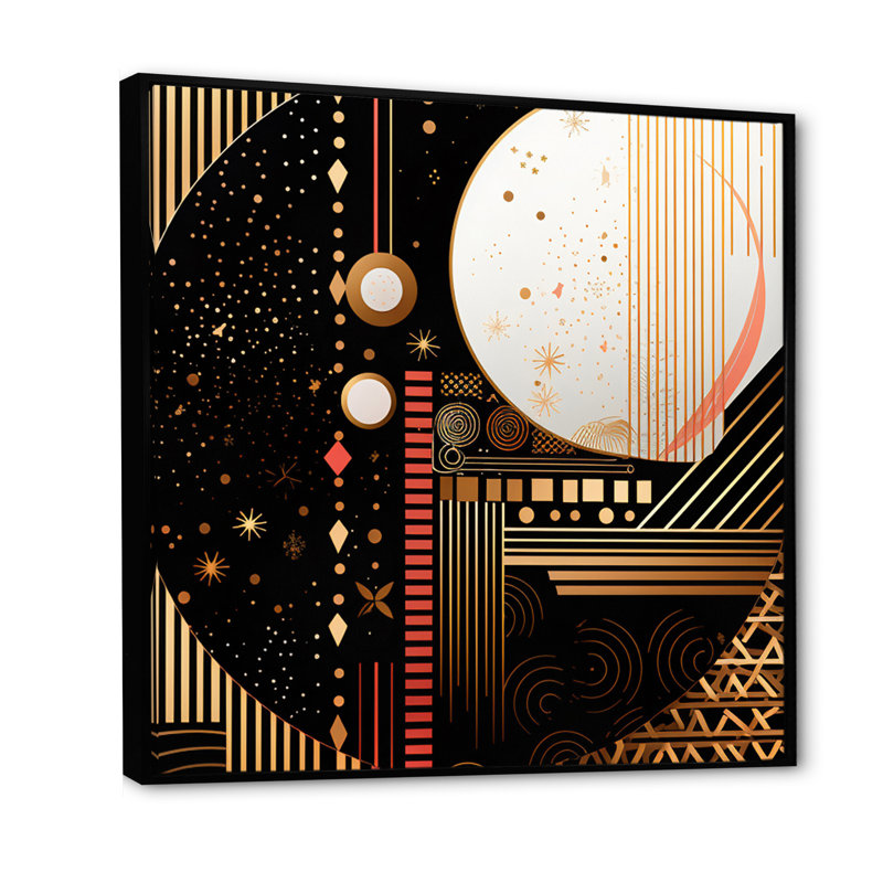 Golden Geometric Glam Full Moon - impression sur toile géométrique moderne, H 24 po x l 24 po x P 1 po, Cadre flottant noir