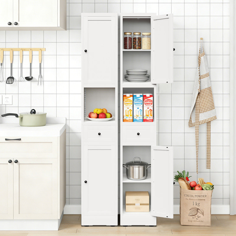 White Metal Bathroom Storage Cabinet, 71" Tall Narrow Floor Cabinet with 2 Doors and Adjustable Shelves for Small Spaces