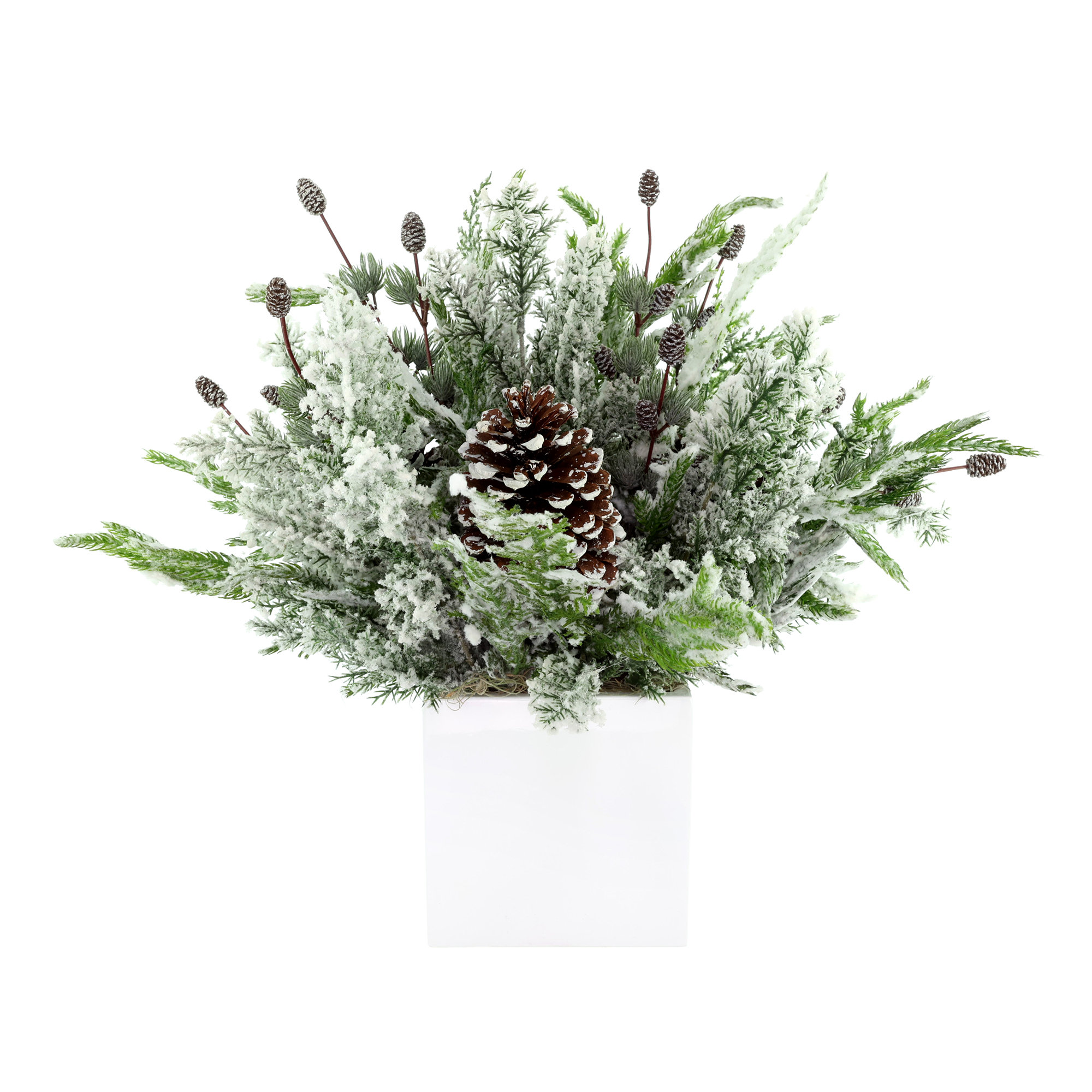 The Holiday Aisle® Snow Flocked Holiday Arrangement with Pinecones | Wayfair