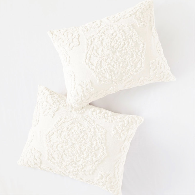 Couvre-lit 100% coton en médaillon à franges pour lit simple / simple TG - Aspect naturel avec décoration, Blanc cassé