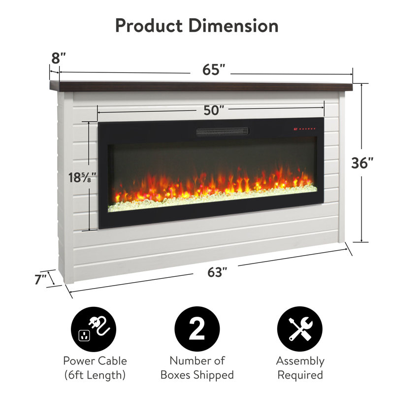  65" Electric Fireplace With Mantel, Replaceable Fireplace Insert Heater, White Fireplace With Adjustable Flame, Timer, Remote, Overheating Protection, Shiplap Wall Mantel For Living Room