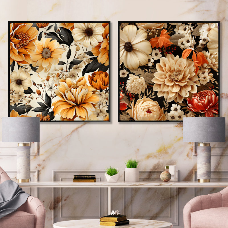 Cuscute - Ensemble de 2 collages carrés floraux, Cadre flottant noir, H 16 po x l 33 po
