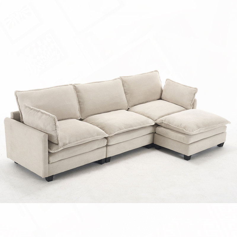 Canapé modulaire en velours avec 1 repose-pieds et 2 coussins lombaires, Beige