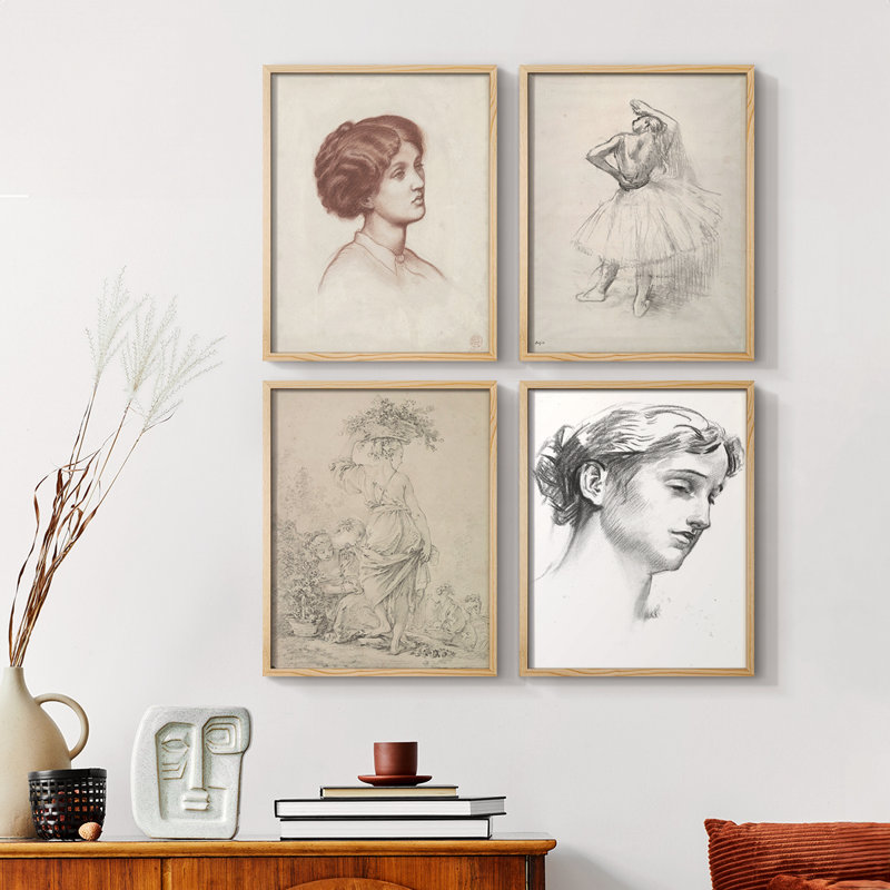 Croquis rétro LXVII, reproduction encadrée - ensemble de 4, Noir, H 10 po x l 32 po