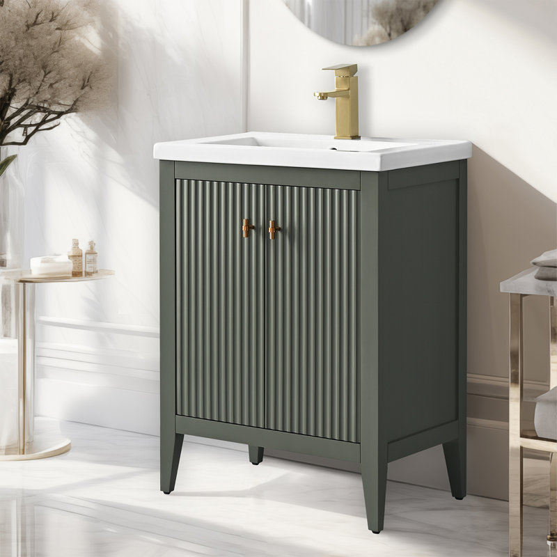 Laval 24" Single Sink Freestanding Bathroom Vanity with White Ceramic Top, Linear Vintage Green, Golden Brushed, 24"