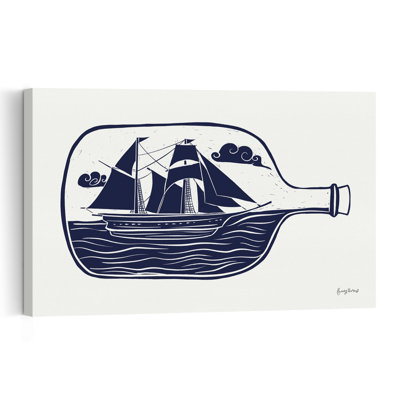 Nautical Bottle I Ocean Beach Wall Art Print by Becky Thorns - 1 Piece Wrapped Canvas Wall Art