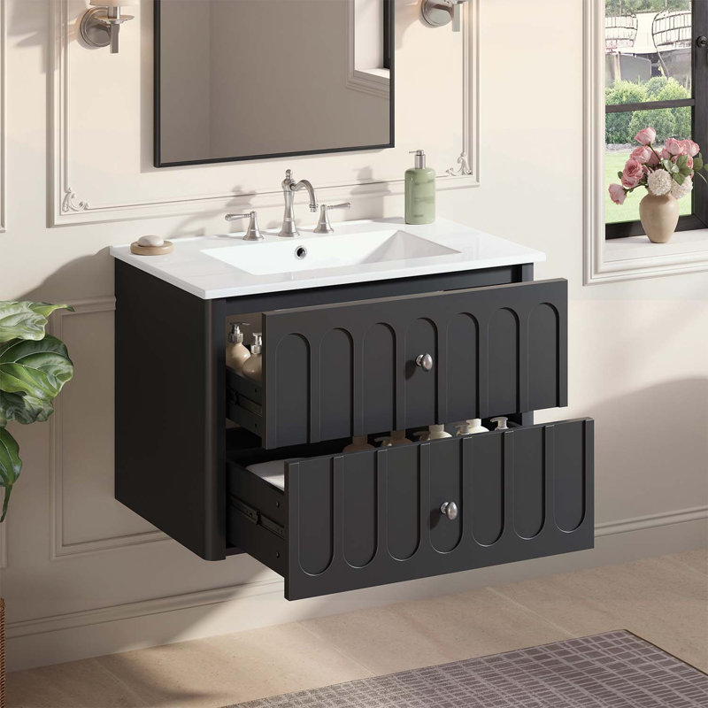 Bathroom Cabinet with Ceramic Sink,Soft-Close Drawers,and Elegant Oval Knobs for Compact Spaces, Black