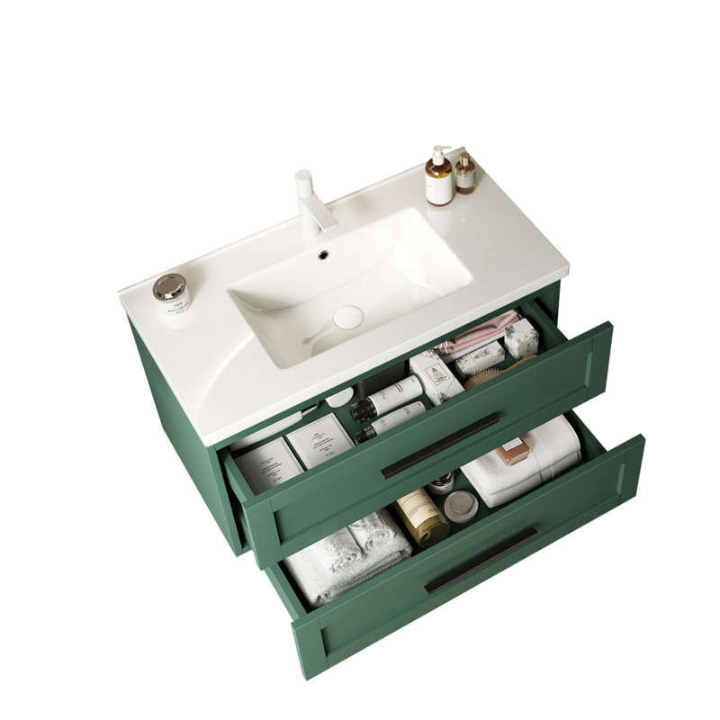 Meuble-lavabo 36 po avec lavabo, meuble-lavabo mural moderne avec 2 tiroirs (sans armoire latérale), lavabo en céramique blanc sans robinet, couleur verte