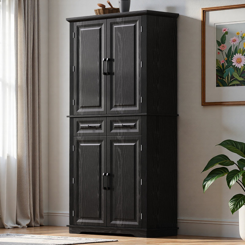 Grand garde-manger avec 3 armoires coulissantes, 6 portes et 2 tiroirs, Black
