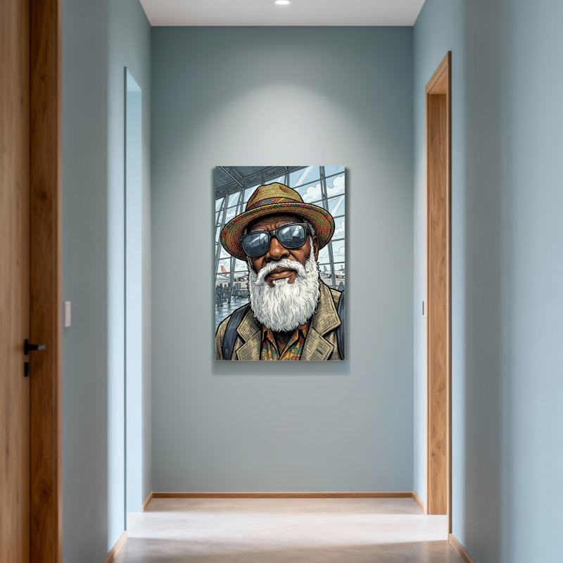 Illustration de style voyage avec chapeau coloré et lunettes de soleil style barbe blanche, H 40 po x l 28 po
