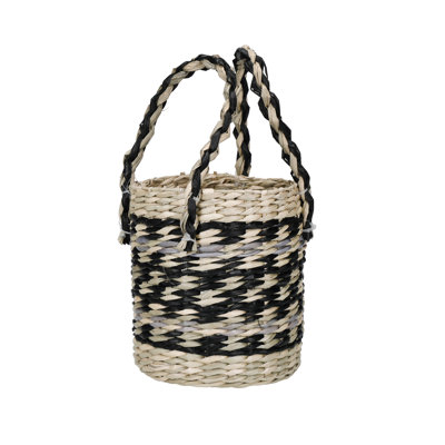 KitchenCraft Seagrass Plant Basket with Handles, Black & Grey Striped Design