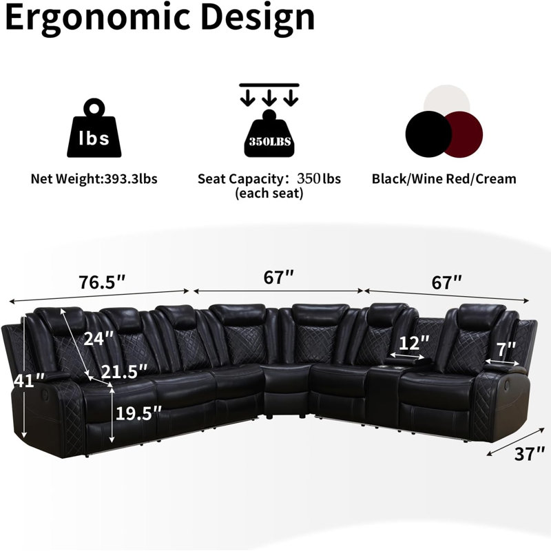 3-Pieces 210”Breathing Leather Power Reclining Theater Sectional,LED Lighting, Black Faux Leather