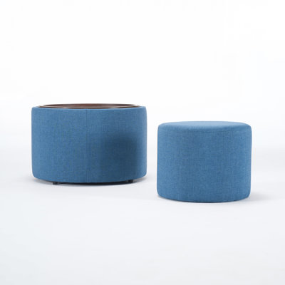 Blue Linen Upholstered Round Ottomans, 2 In 1 Nesting Design For Space, 41 Function As Footstool, Coffee Table, Bench & Storage, Frame And High Foam, Easy To Clean Compact Foam Maintain