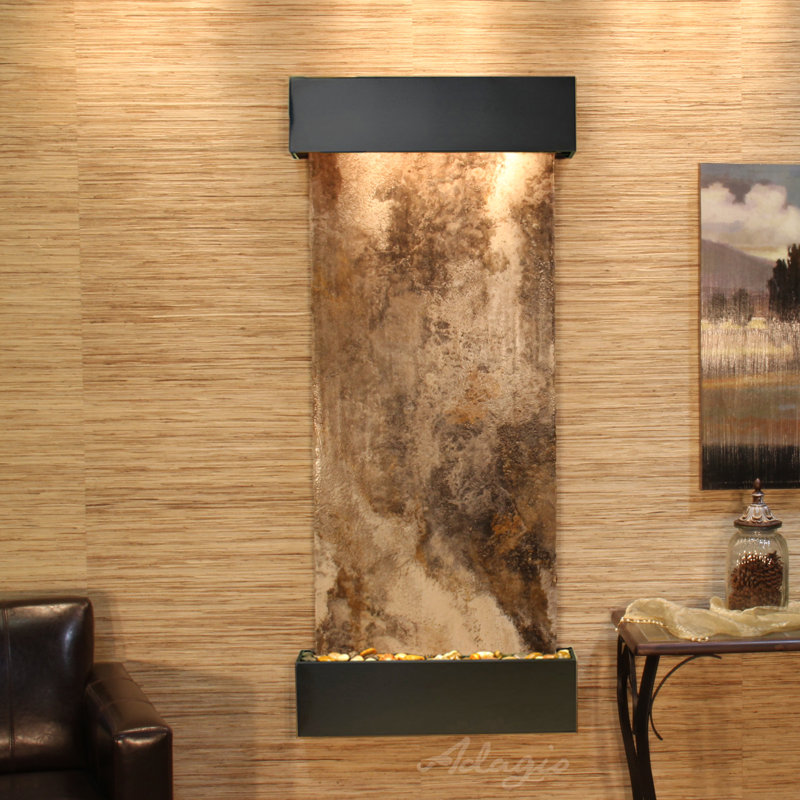 Inspiration Falls Natural Stone Waterfall Fountain with Light, Blackened Copper, Magnifico Travertine
