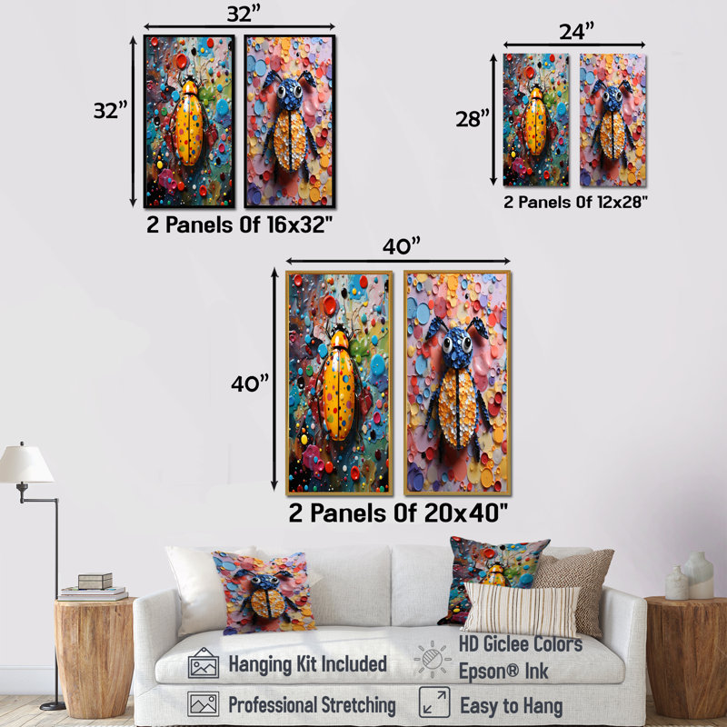 «Colorful Popart Insectes I», ensemble de 2 impressions sur insectes et insectes, Toile tendue, H 28 po x l 25 po