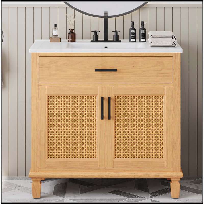 Meuble-lavabo en rotin 36 po avec lavabo en céramique, Naturel