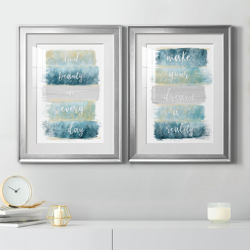 «Find Beauty» - ensemble de 2 reproductions d'art, H 18,5 po x l 49 po x P 1,5 po, Papier avec cadre argenté, Blanc